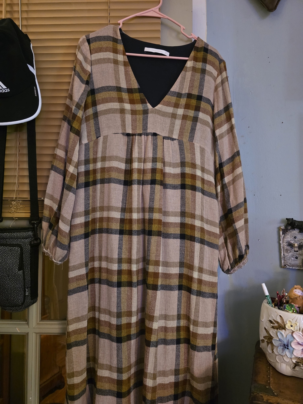 Zara Plaid V-Neck Maxi Dress in Beige, Brown & Black